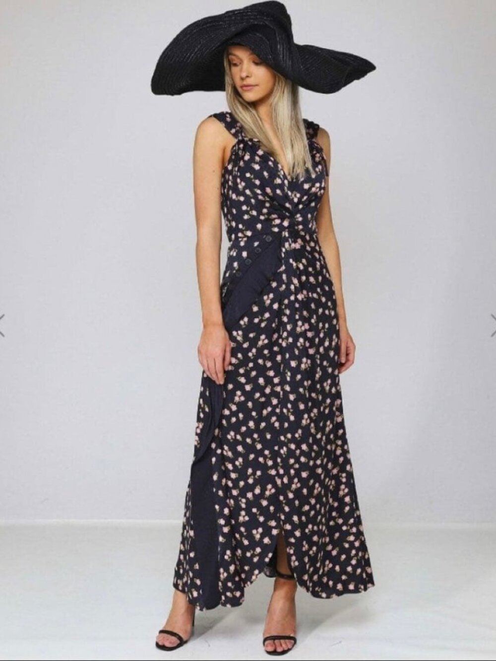 SELF-PORTRAIT Twisted Floral Print Satin Jacquard Maxi Dress in Black Size 6